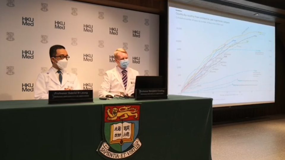 Researchers with HKU speak to the press about the rate of new infections in Hong Kong on Friday. Screengrab via Facebook.