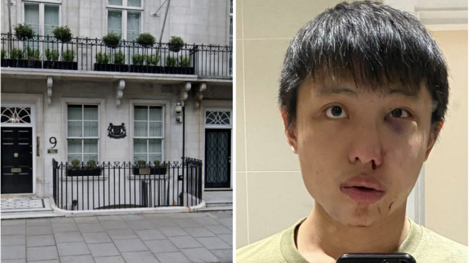 The exterior of the Singapore High Commission in London, at left, and Jonathan Mok soon after he said he was attacked in London. Images: Google, Jonathan Mok/Facebook