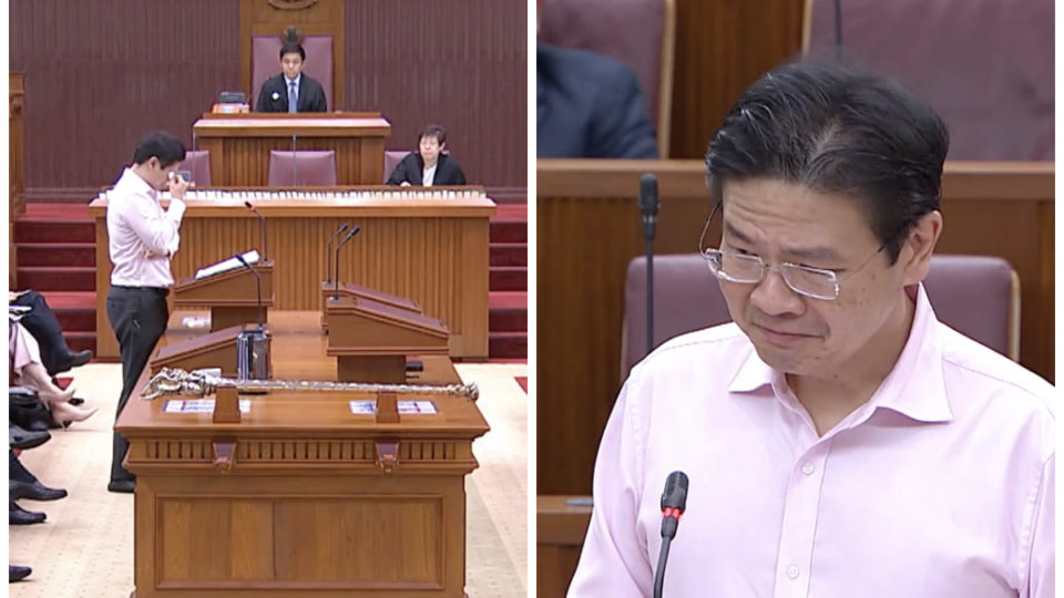 National Development Minister Lawrence Wong cries while speaking Wednesday in parliament. Image: Gov.sg/Facebook