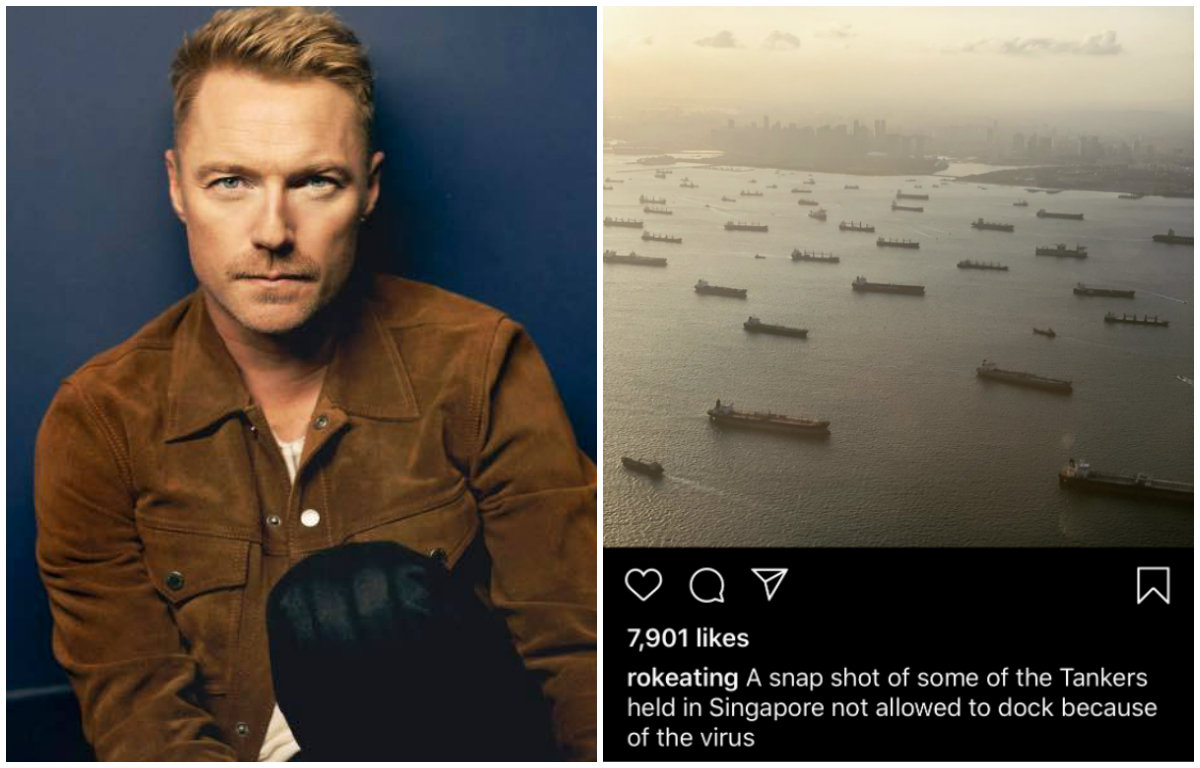 Irish singer Ronan Keating, at left, and a screenshot of his now-deleted Instagram post. Images: Ronan Keating/Facebook, Instagram