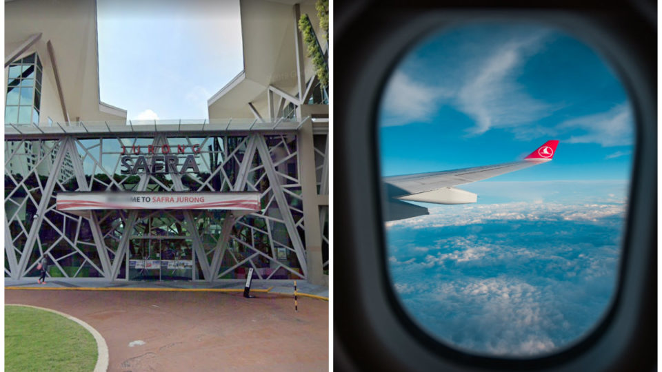 Street view of SAFRA Jurong, at left) and file photo of the wing of a Turkish Airlines aircraft. Images: Google, Jairph