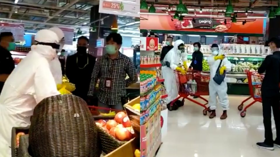 A couple of videos showing people donning hazmat suits at a supermarket in Jakarta has gone viral over the weekend, sparking anger from netizens and at least one government official amid a crucial shortage of personal protective equipment (PPE) for healthcare workers caring for COVID-19 patients across Indonesia. Screenshot from Twitter