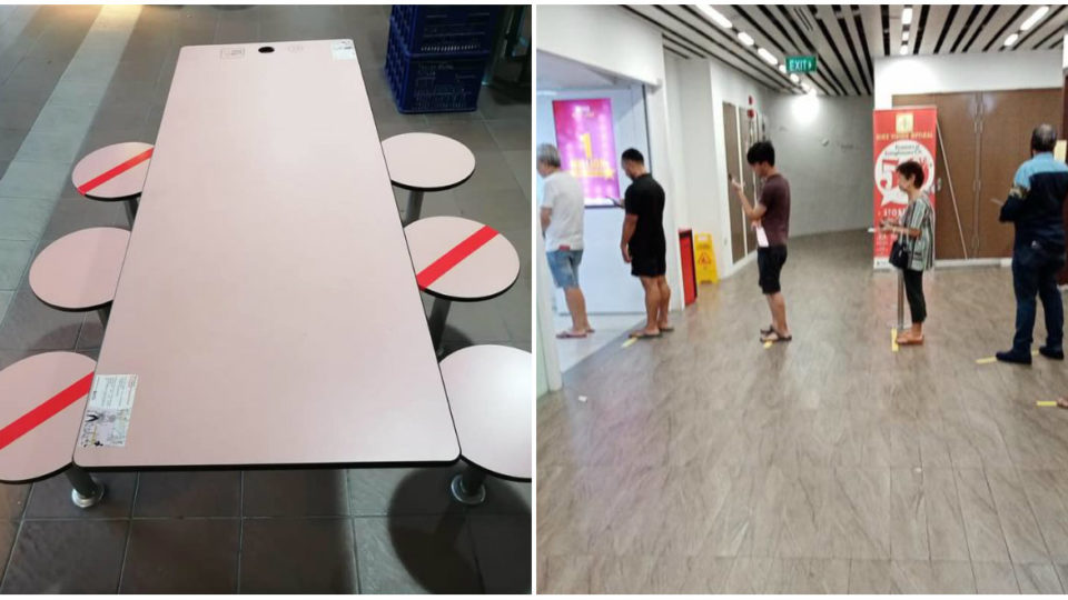 Stools crossed out at a hawker center preventing customers from sitting (left) and big spaces spotted in between lottery ticket buyers in a queue. Photos: PJ Tee, Singapore Atrium Sale/Facebook