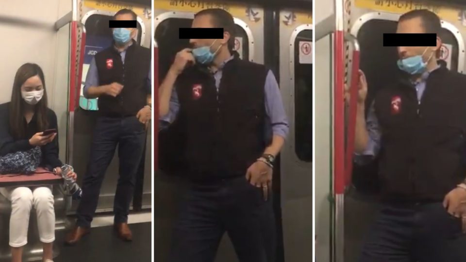 A hedge fund manager appears to deliberately wipe his own saliva on the handrail of an MTR train in a now-viral video. Screengrabs via Twitter.