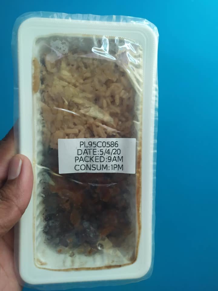 A packaged meal provided to migrant workers on lockdown. Photo: Jason See/Facebook