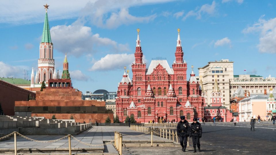 Police officers on March 19 patrol the Red Square, Moscow, Russia.
