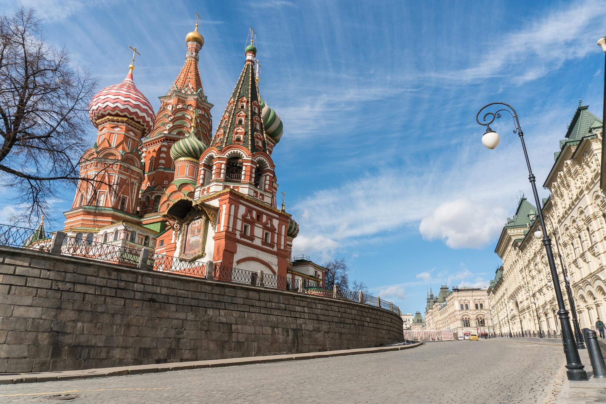 Saint Basil’s Cathedral and a near-empty road. 