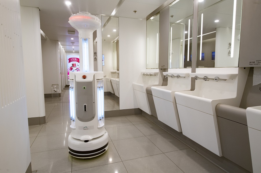 The airport has employed the use of 'Intelligent Sterilization Robots' to routinely clean 'key operation areas' (e.g. toilets). Photo: Airport Authority