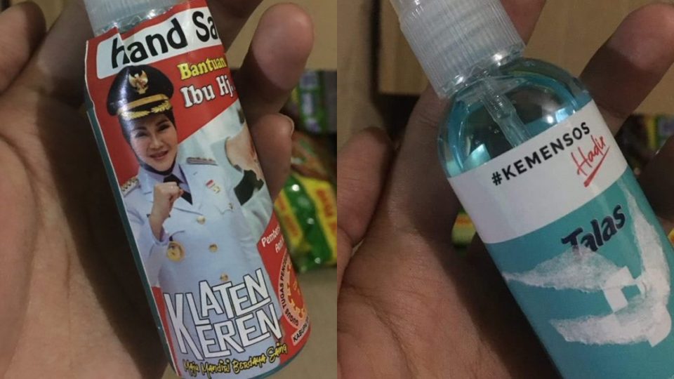 Earlier this week, a Twitter post showed a photo of the Klaten regent Sri Mulyani stuck onto bottles of hand sanitizer, which were distributed in the regency as part of a COVID-19 countermeasures aid from the Social Affairs Ministry (Kemensos). Photo from Twitter/@mahasiswaYUJIEM