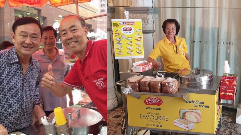 Left: Uncle Chieng with Former Prime Minister of Thailand, Thaksin Shinawatra, Right: An auntie from Uncle Chua Ice Cream Photo: Uncle Chieng, Uncle Chua Ice Cream/Facebook
