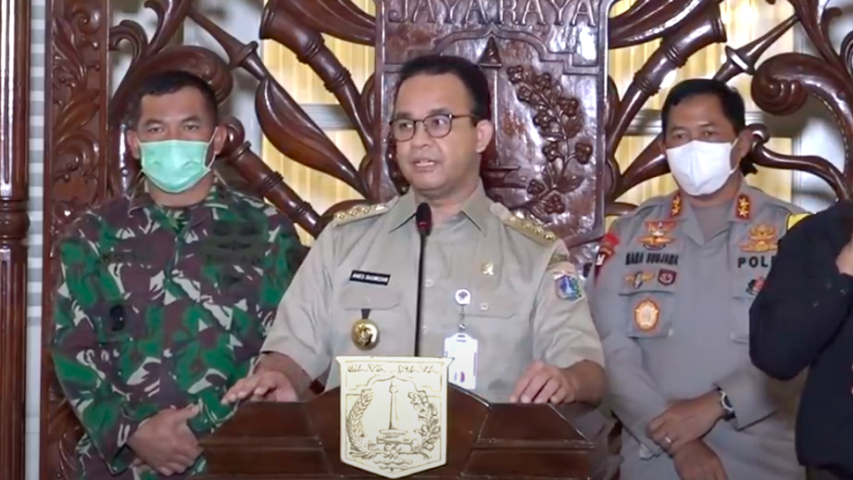 Jakarta Governor Anies Baswedan at a press conference on April 13, 2020. Photo: Video screengrab from Youtube/Pemprov DKI Jakarta