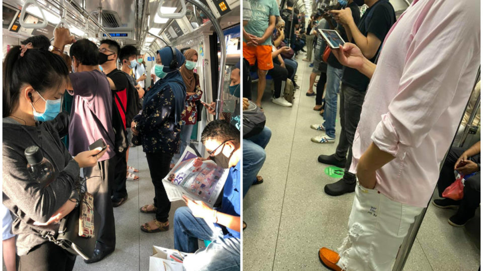 Commuters stand close to each other on trains today. Photos: Denise Loh, Amylia Koh/Facebook