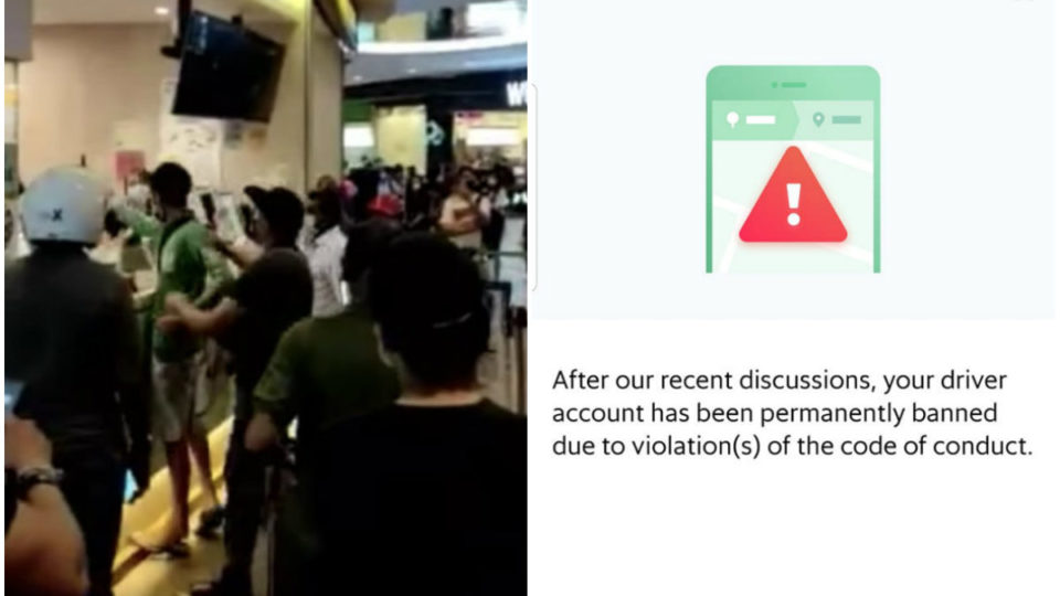 A GrabFood delivery rider shouts at bubble tea staff, at left. At right, a message the rider says he received after Tuesday night’s boba meltdown. Images: The Local Society, Alvin Lee/Facebook