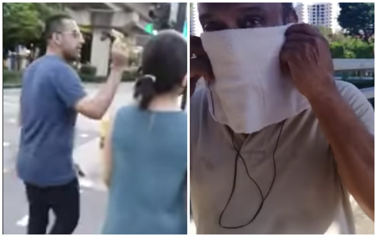Still images of a couple, at left, and a man being harassed for not wearing masks in public. Photos: Tiagong, Kavitha Haridas/Facebook