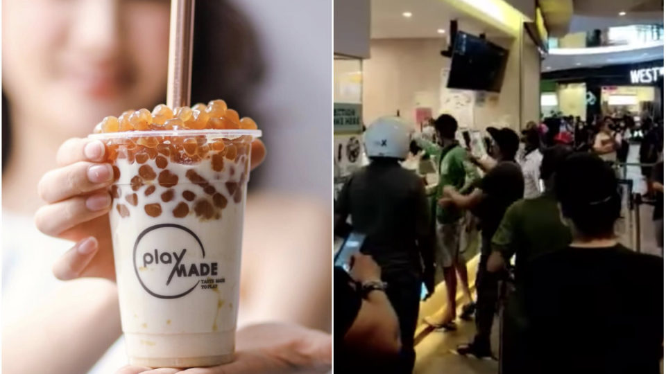 At left, a cup of bubble tea from Playmade. At right, Grab delivery man shouting at counter staff.  Photos: Playmade/Instagram, Facebook
