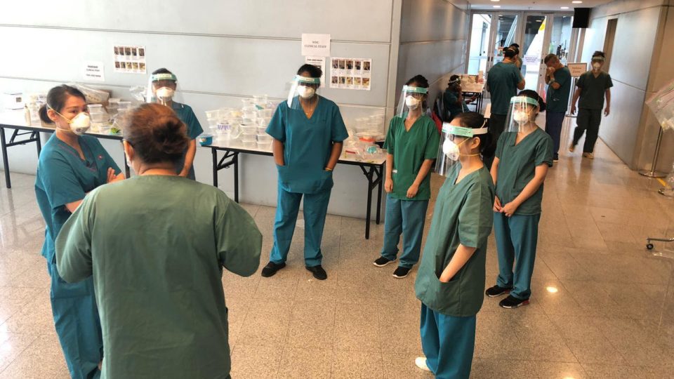 Healthcare workers at the Singapore Expo. Photo: Lawrence Wong/Facebook