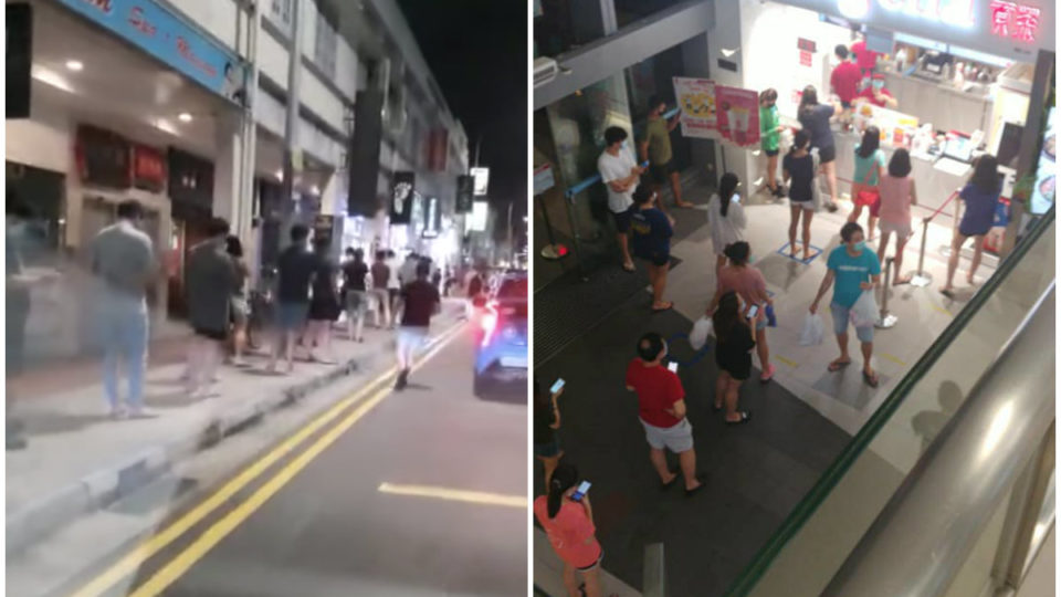 People queue for hair cuts, at left, and bubble tea, at right. Photos: Singapore Road Accidents, Chee Hong Chan/Facebook