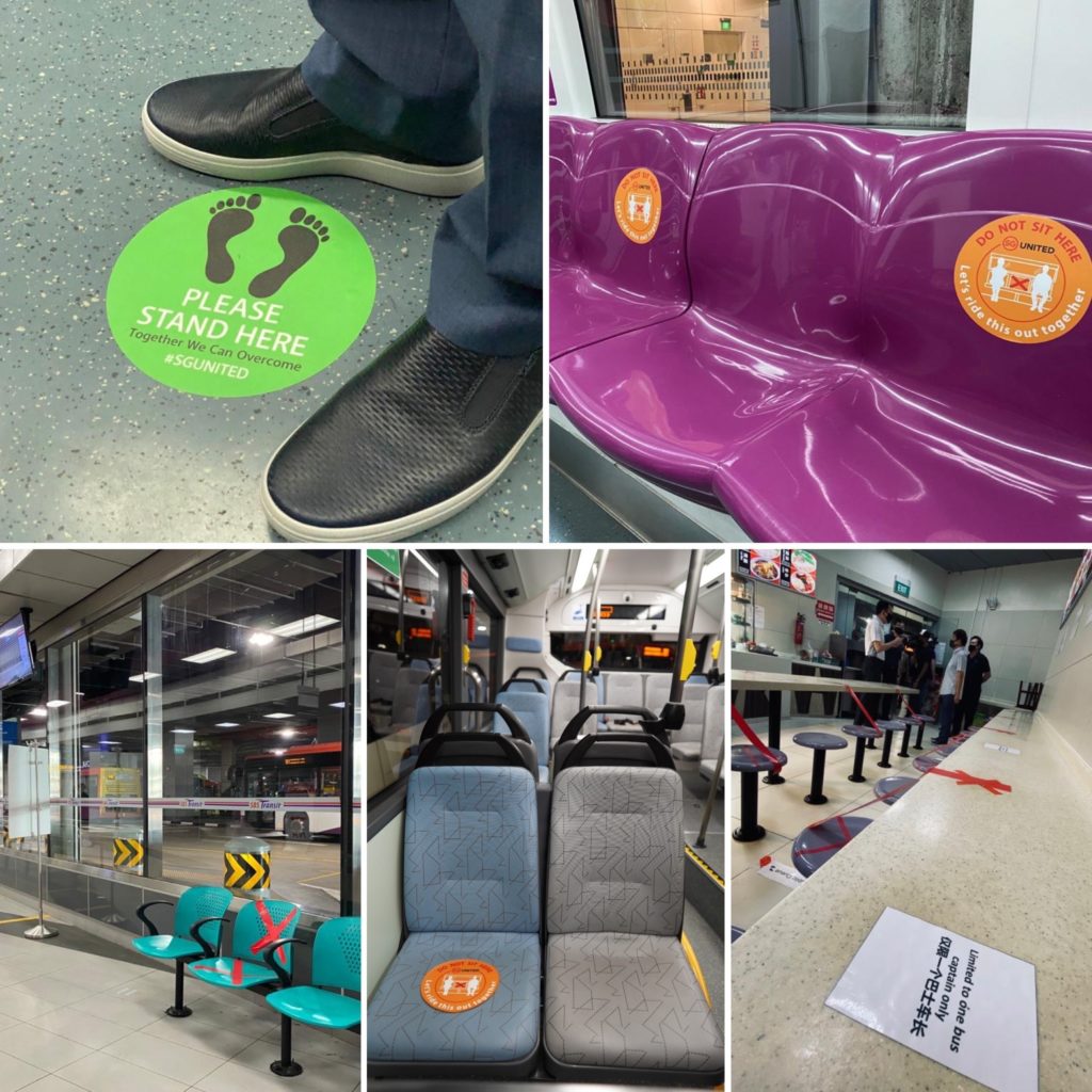 Safe distancing markers pasted on trains and buses in a photo dated April 9, 2020. Photo: Khaw Boon Wan/Facebook