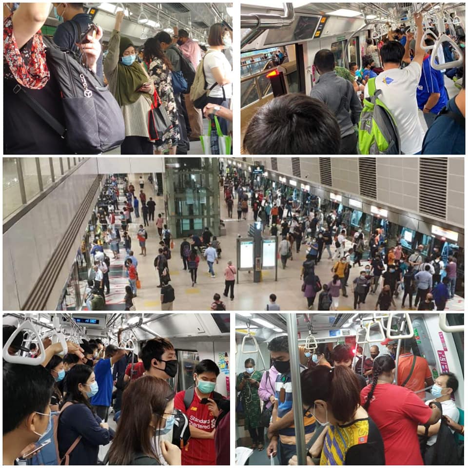 A collage of train commuter crowds this morning. Photo: Myers Sim/Facebook