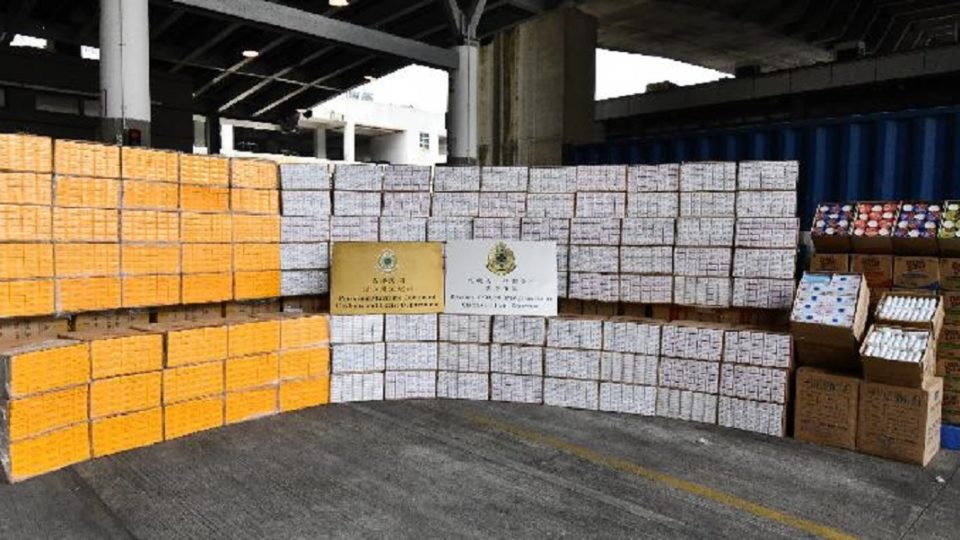 The Great Wall of Cigarettes (ft. a few boxes of face masks and some disinfectant, because 2020). Photo: Hong Kong Customs
