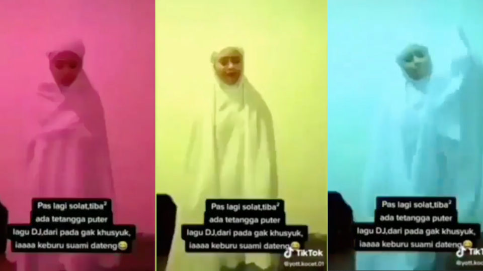 Screenshot of the TikTok video uploaded by 19-year-old Ria Ernawanti ⁠— who donned a mukena (a cloak covering the entirety of a woman’s head and body worn for prayer) ⁠— demonstrated sholat (Islamic prayer) only to stop in the middle of it to dance to the beat of the music in the background.