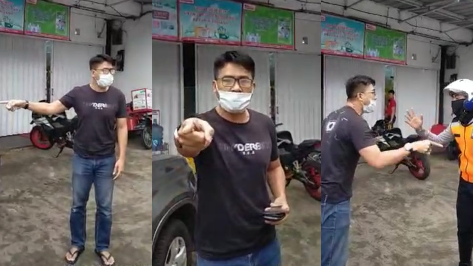 Screenshot of the viral video that shows a man in Bogor, who identified himself as Endang, unleashing his anger and frustration at police officers as he refused to obey a PSBB rule that requires front passenger seats to remain vacant.