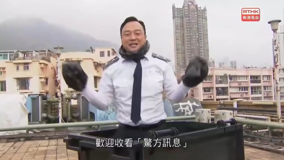 A police officer emerges from a rubbish bin on a Feb. 14 episode of ‘Headliner.’ Photo: RTHK/YouTube