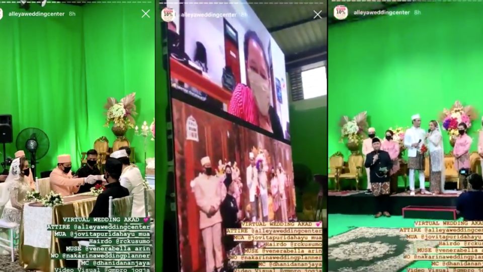 A dummy video of a virtual wedding made by GM Production, a Yogyakarta-based creative agency has recently gone viral in Indonesia. The shoot was conducted inside a studio surrounded by a green screen. Screenshots from Instagram/@alleyaweddingcenter