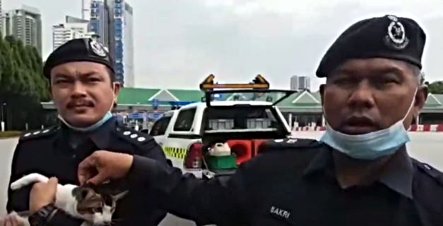 Police officials with the rescued cat. Photo: Twitter / Mohd Redzuan Abdul Manap