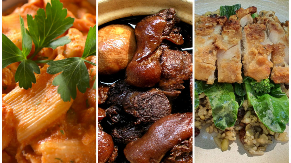 From left, Rigatoni al Granchio; pork trotter in black vinegar and ginger; crispy lime leaf chicken with jeweled rice. 