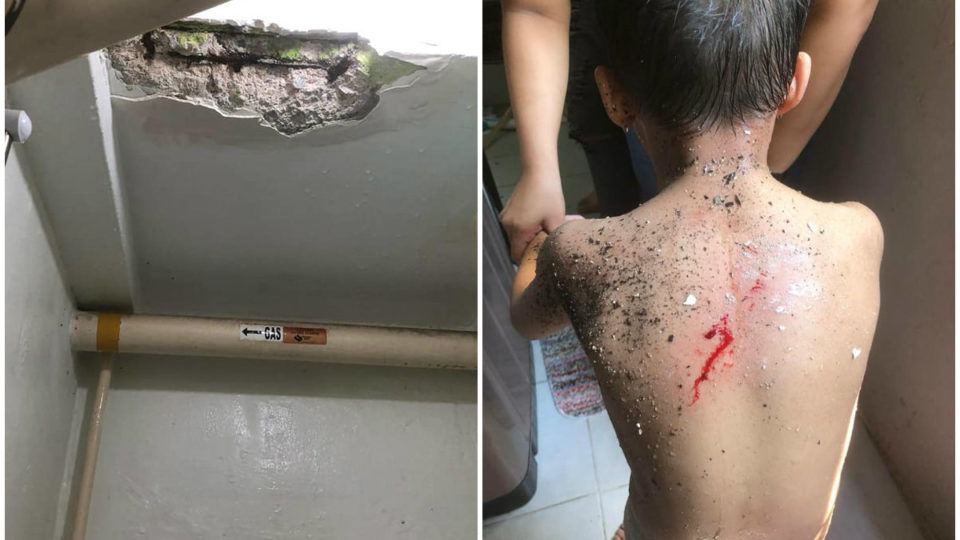 Photos show damaged ceiling (left) and blood on boy’s body. Photos: Nursyafiqah Safawi/Facebook