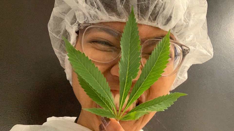 Hadhinah Fawwazah smiles with marijuana leaf. Photo: Hannah Fawwazah Nasaruddin/Facebook