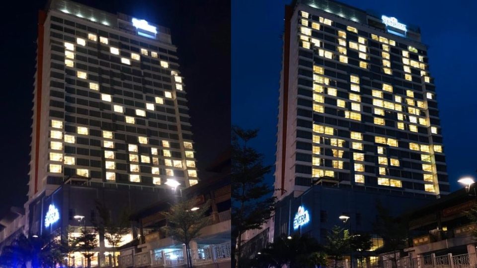 Messages light up Hotel Tenera through its windows. Photo: Instagram / Hotel Tenera Bangi