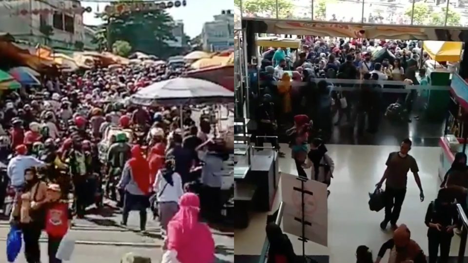 With Eid al-Fitr coming this Sunday, the Large-Scale Social Restrictions (PSBB) protocol currently in place in regions across the country seem powerless to stop Indonesians from shopping for new clothes and food to celebrate the end of Ramadan, as seen in the videos taken at Anyar Market in Bogor, West Java (L) and CBD Mall Ciledug in in Tangerang City (R) over the weekend. Screenshots from Twitter/@hendi_setiadi and Instagram/@ciledug24jam