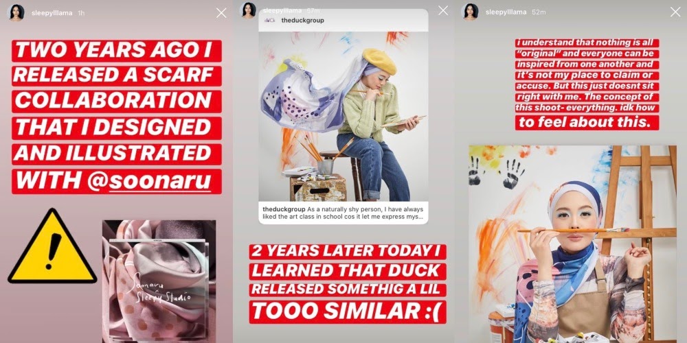 @sleepylllama posts a series of Instagram stories highlighting how Vivy Yusof copied her headscarf design and photoshoot concept. Photo: Instagram @sleepylllama