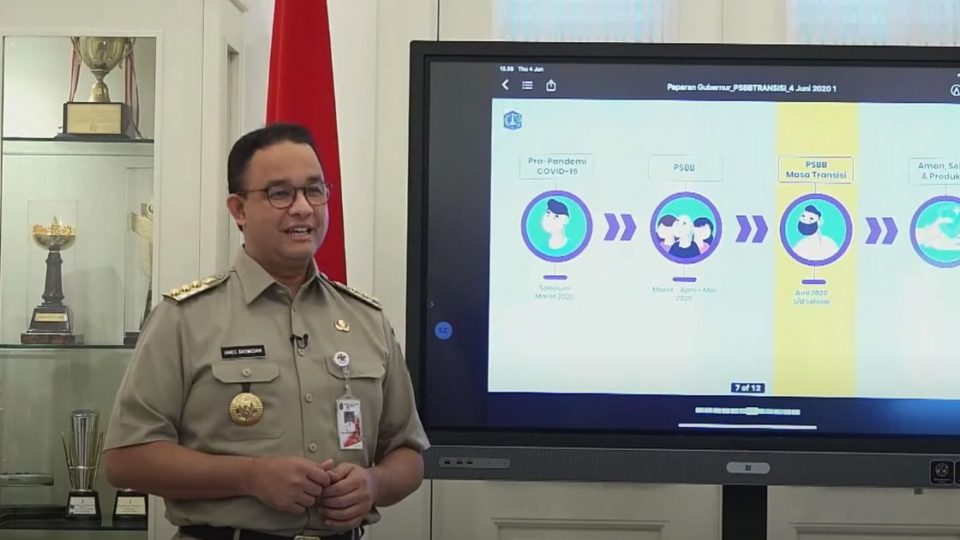 Jakarta Governor Anies Baswedan at a press conference on Thursday, June, 4. Screenshot from Youtube/Pemprov DKI Jakarta