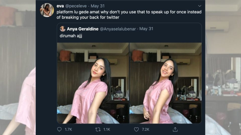 Screenshot of a tweet by Eva Jaya Putri AKA @peceleve, in which she called out Insta-celeb Anya Geraldine for not using her platform to speak up on current human rights issues. 