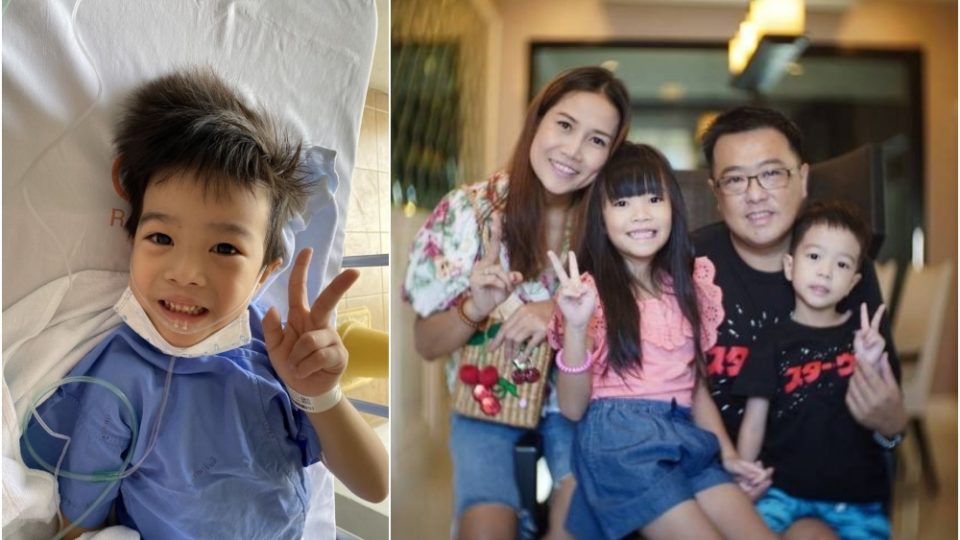 Sila “Jio” Boonklomjit raises two fingers for the camera, at left; the full family, at right. Photos: Ramathibodi Hospital
