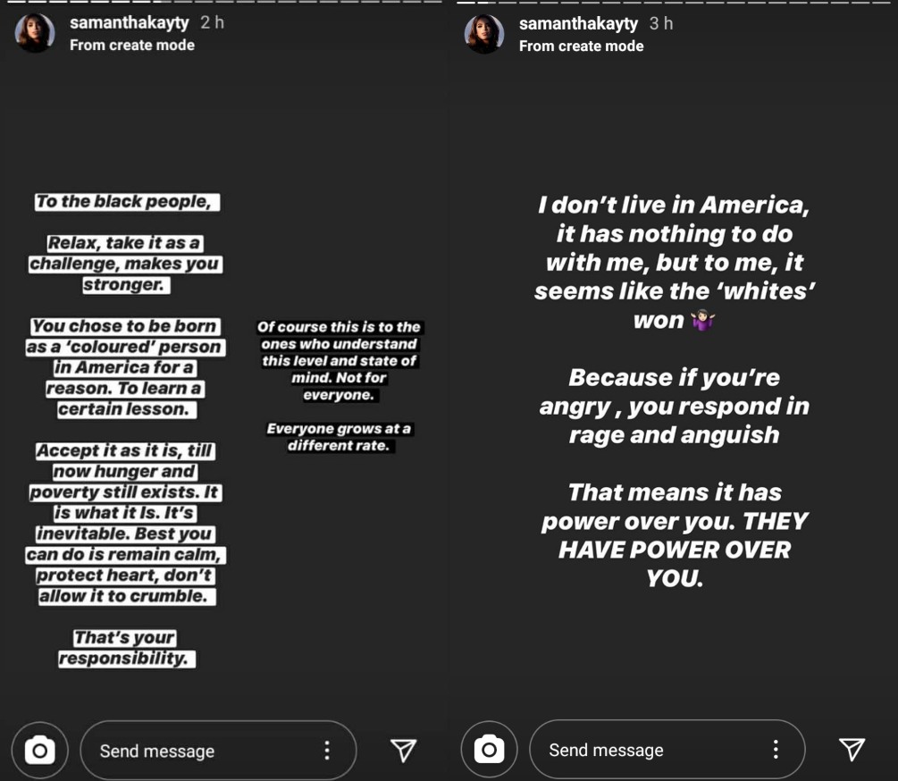 James’ Instagram stories that sparked the backlash. Photo: Samantha Katie James / Instagram