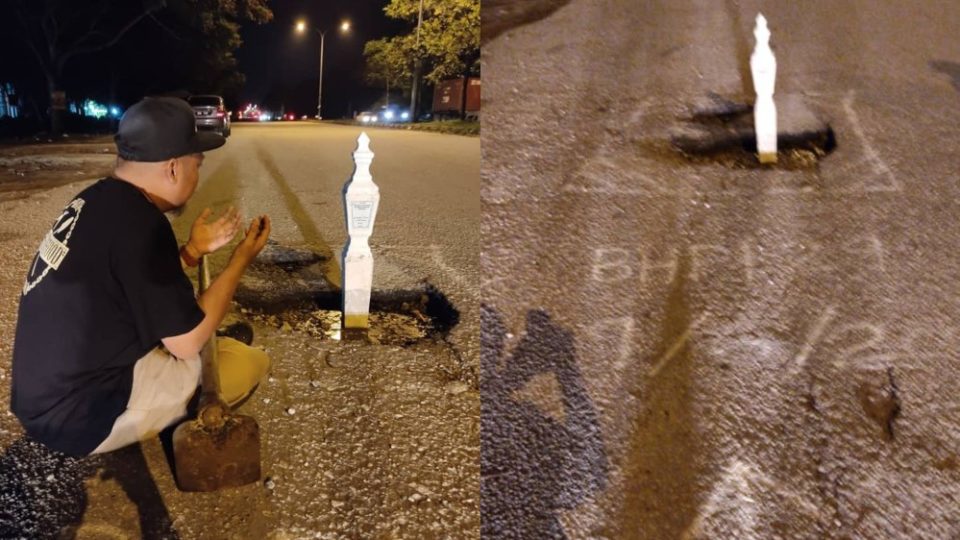 Left: A man placing the tombstone on the pothole. Right: The tombstone on a pothole from a distance. Photo: Brotherhood Shah Alam /Facebook