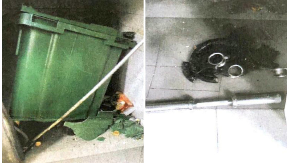 A damaged rubbish bin, at left, and the shattered dumbbell that hurtled down into it. Images: Spottiswoode Residences