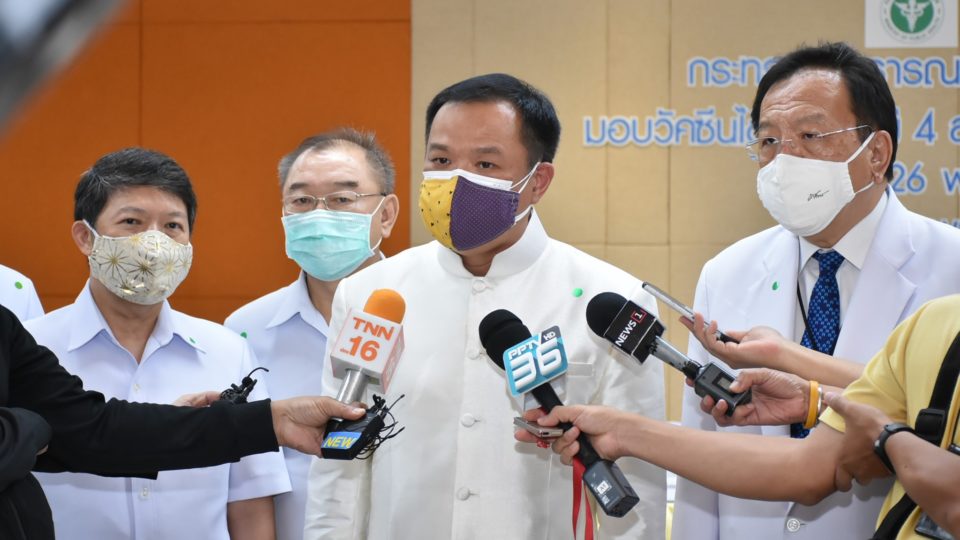 Public Health Minister Anutin Charnvirakul, at center, is being interviewed by the media. Photo: Department of Disease Control / Facebook
