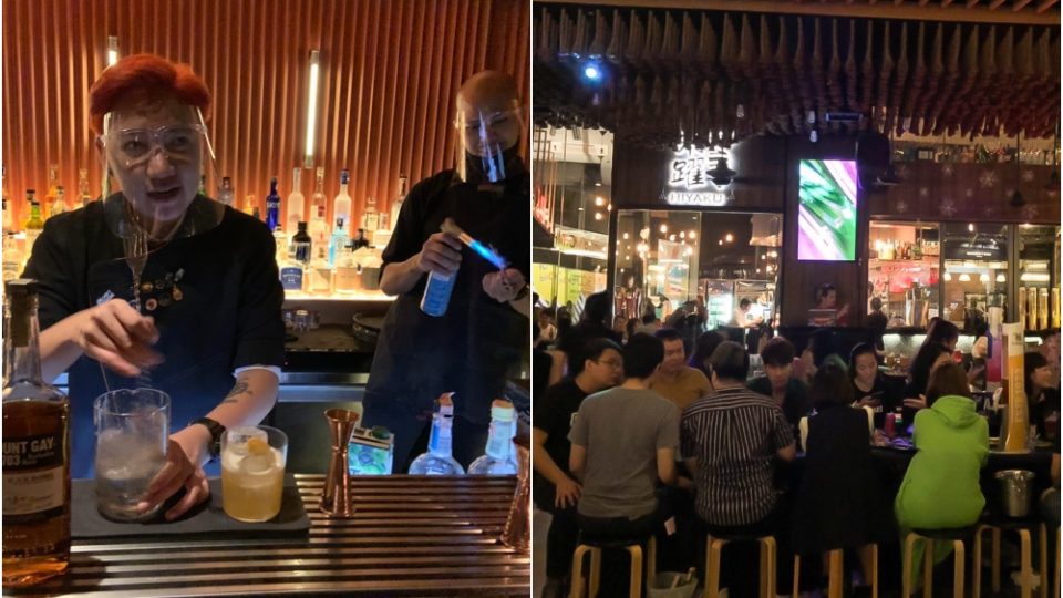 Bartenders wear face shields while making drinks at Find the Photo Booth on Soi Sukhumvit 11, at left. Tables were crowded with patrons drinking from beer towers at Hiyaku in CentralWorld’s Groove complex.
