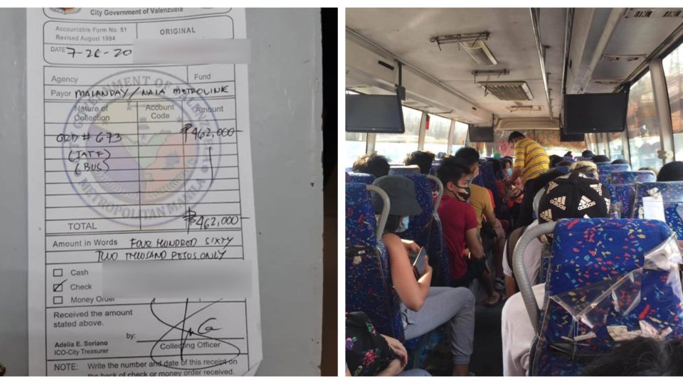 The receipt given to the bus company and a photo taken inside one of their vehicles. Photo: Rex Gatchalian/FB