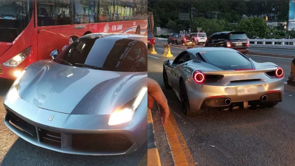 A silver Ferrari 488 GTB encroaching on the EDSA bus-only lane. <i>Photo: InterAgency Council for Traffic – IACT / FB</i>