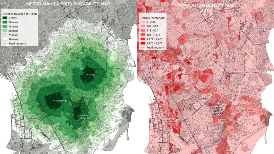 A bikeability map of Metro Manila’s Central Business District, made by mapper JR Dizon of Mapa Datos, courtesy of MNL Moves