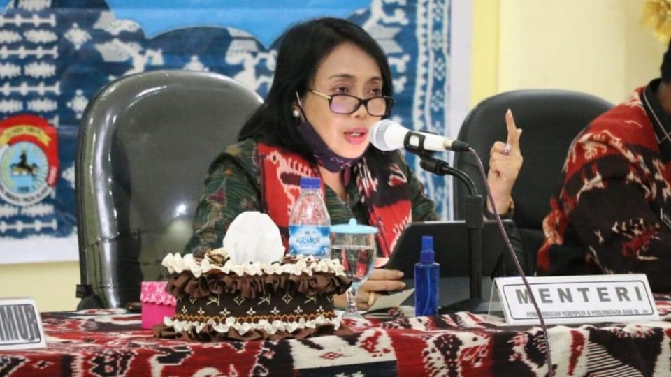 The Minister of Women Empowerment and Child Protection (PPPA) Gusti Ayu Bintang Darmawati speaking at an event in early July 2020. Photo: Facebook/Kementerian Pemberdayaan Perempuan dan Perlindungan Anak