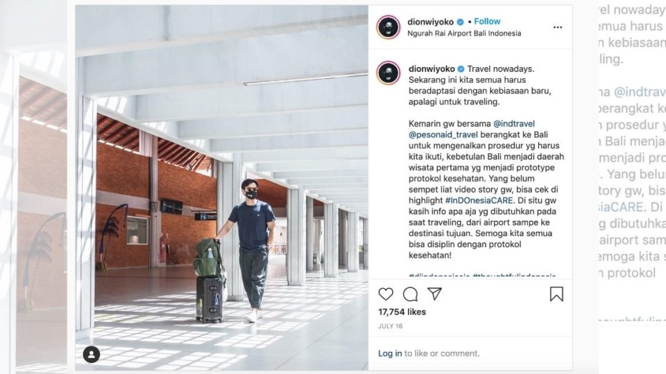 Indonesian influencers have recently begun sharing their travel experiences amid the pandemic. Their destination? Bali. Screengrab: Instagram/Dion Wiyoko