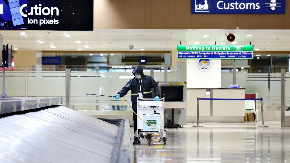 A worker disinfecting NAIA Terminal 1. Photo: NAIA/FB