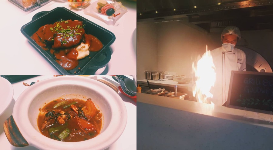 (Clockwise from top left) Steak, a chef prepares food, spicy tamarind dish. Photos: Coconuts KL